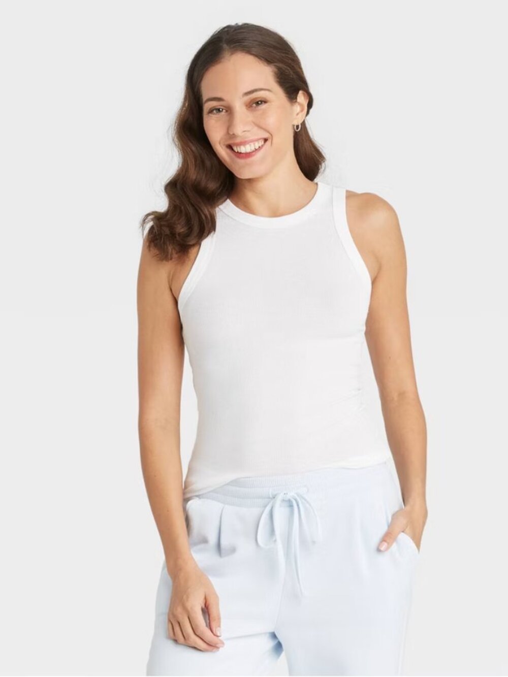 Women's Slim Fit Ribbed Tank Top - A New Day™ White M: Crew Neck, Pullover, Midw